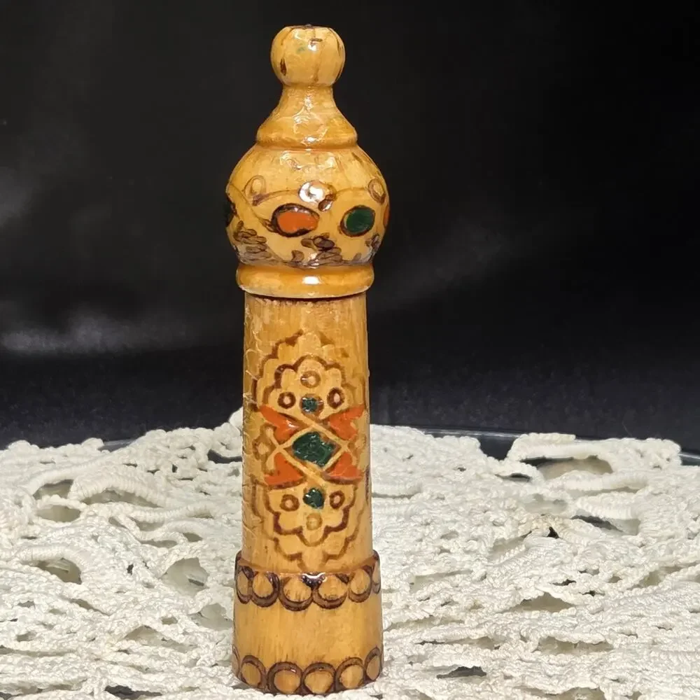 Antique Treen Wooden Hand Carved\painted Etui Sewing Needle Case Rose Bulgaria